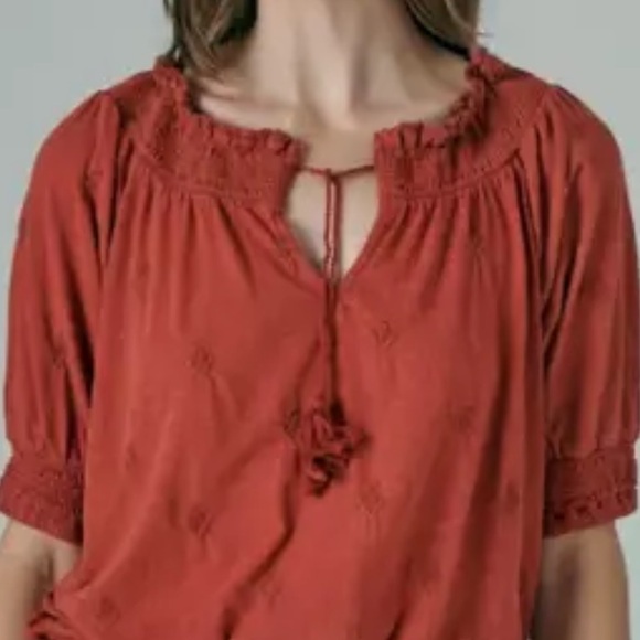 Lucky Brand Boho Smocked Leaf Embroidered Tassels Elbow Sleeves Dusty Pink Top M - Picture 13 of 13